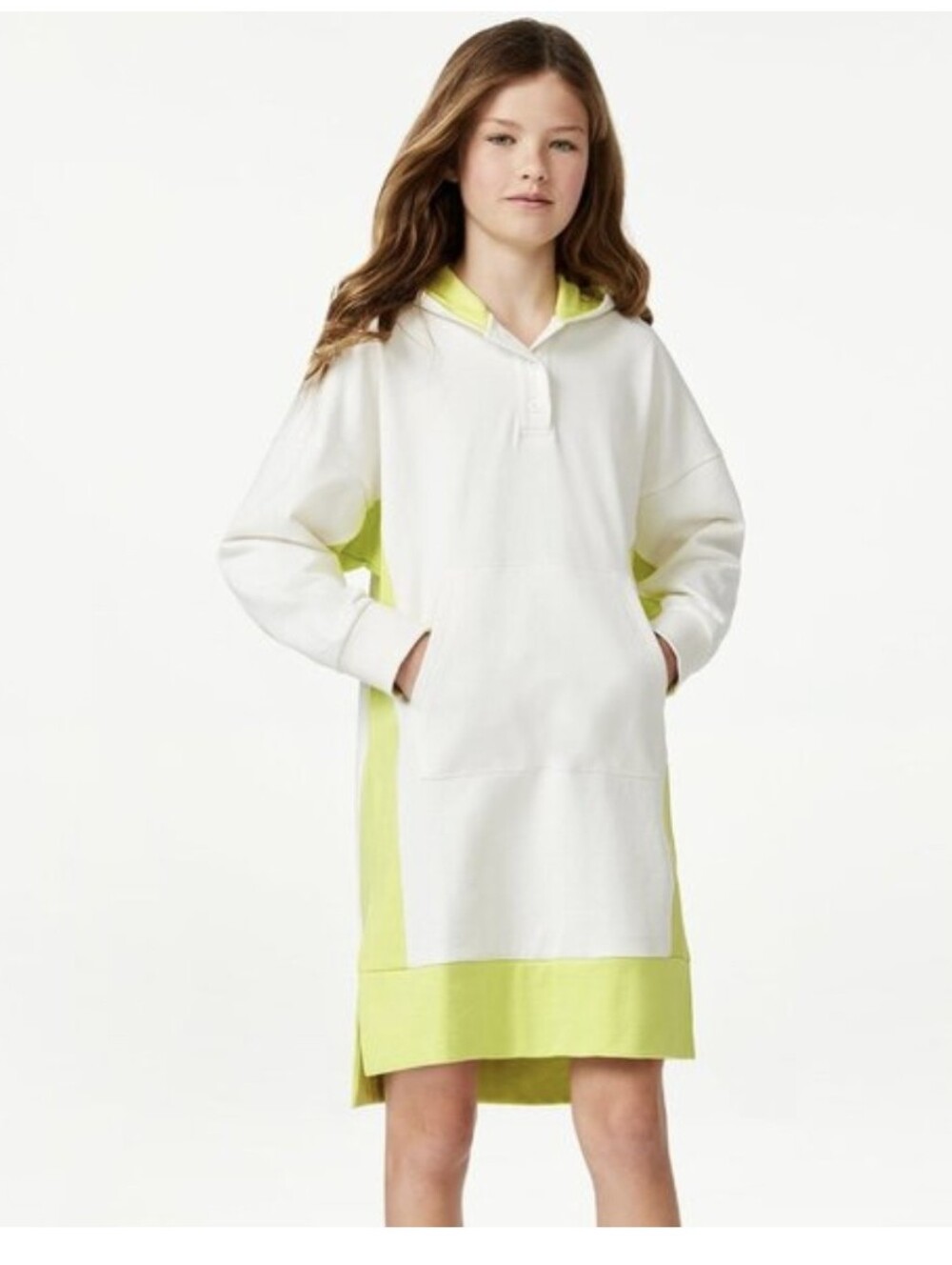 Cotton Girls' White and Lime Hooded Dress Large Women Small